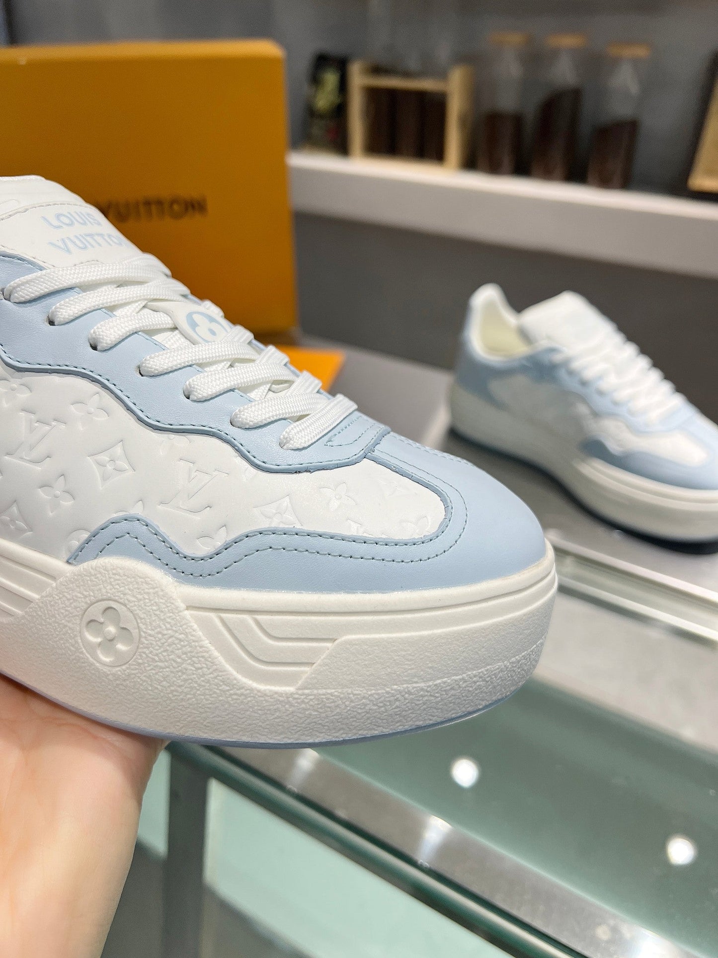 LV WOMEN GROOVY PLATFORM IN WHITE MIX LIGHT BLUE EMBOSSED CALFSKIN - 35