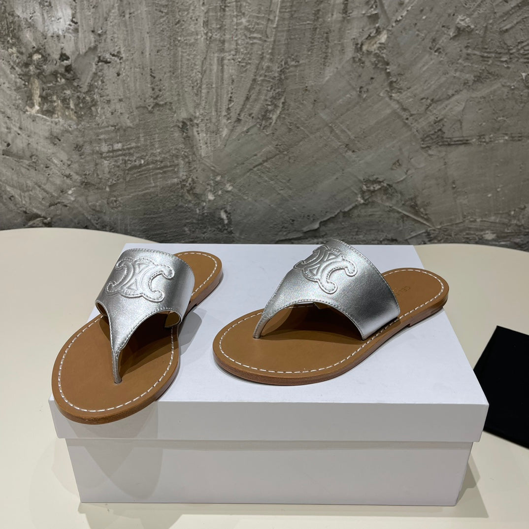 WOMEN TRIOMPHE FLAT THONG IN CALFSKIN SILVER - 35