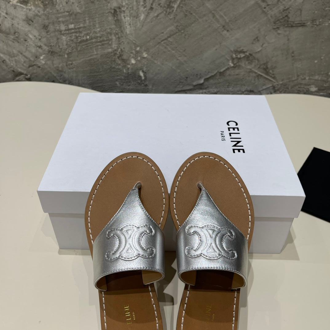 WOMEN TRIOMPHE FLAT THONG IN CALFSKIN SILVER - 35