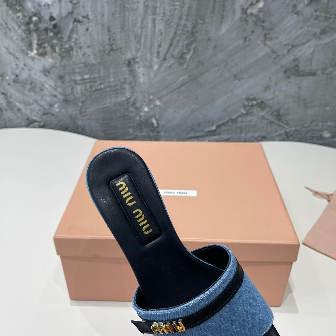 BLACK HIGH HEEL WITH BLUE STRAPS AND BLACK BELT - 35