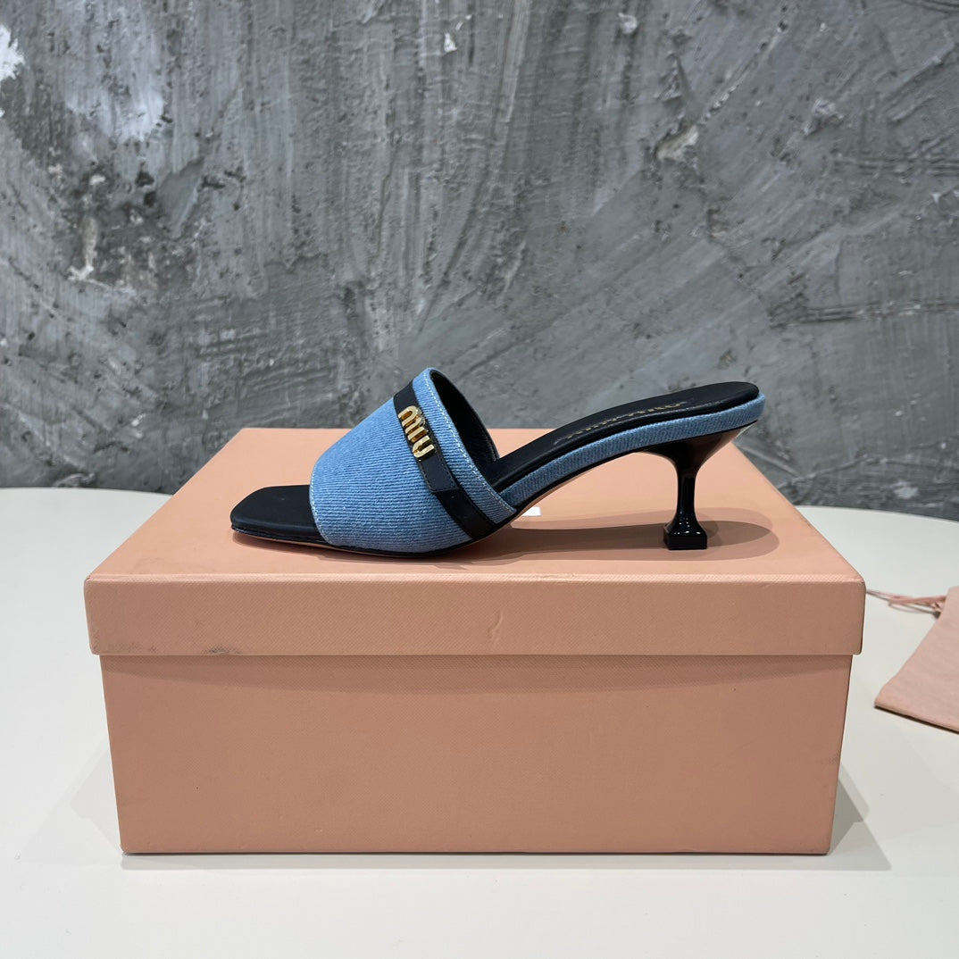 BLACK HIGH HEEL WITH BLUE STRAPS AND BLACK BELT - 35