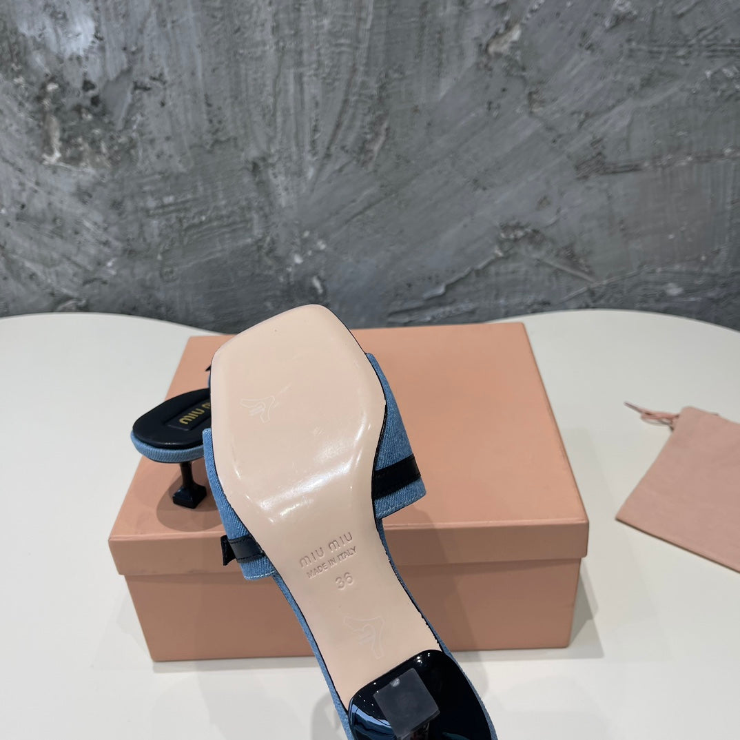 BLACK HIGH HEEL WITH BLUE STRAPS AND BLACK BELT - 35