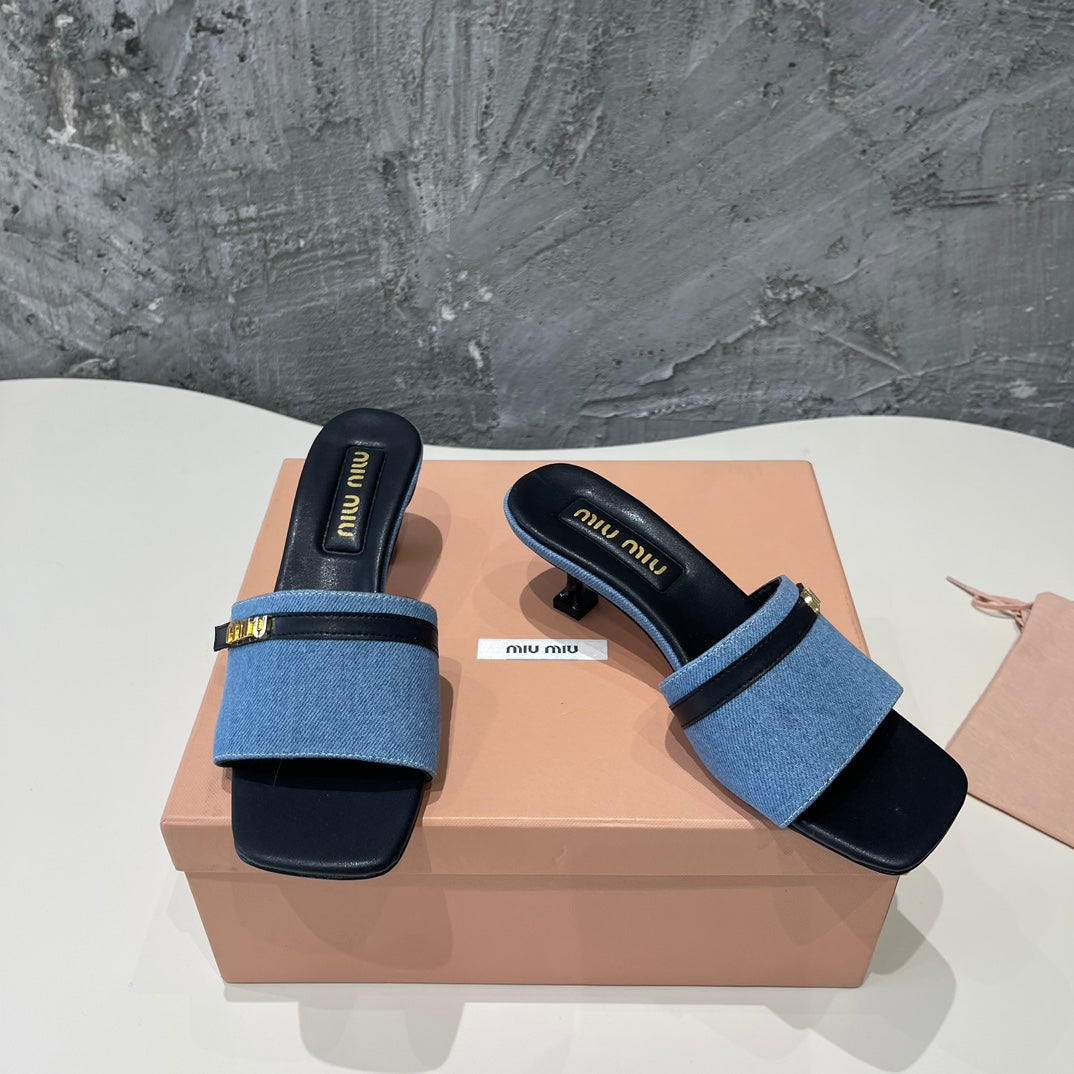 BLACK HIGH HEEL WITH BLUE STRAPS AND BLACK BELT - 35