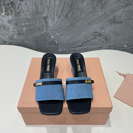 BLACK HIGH HEEL WITH BLUE STRAPS AND BLACK BELT - 35