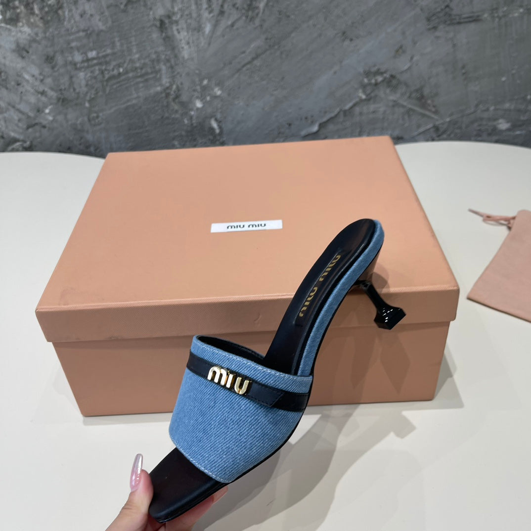 BLACK HIGH HEEL WITH BLUE STRAPS AND BLACK BELT - 35