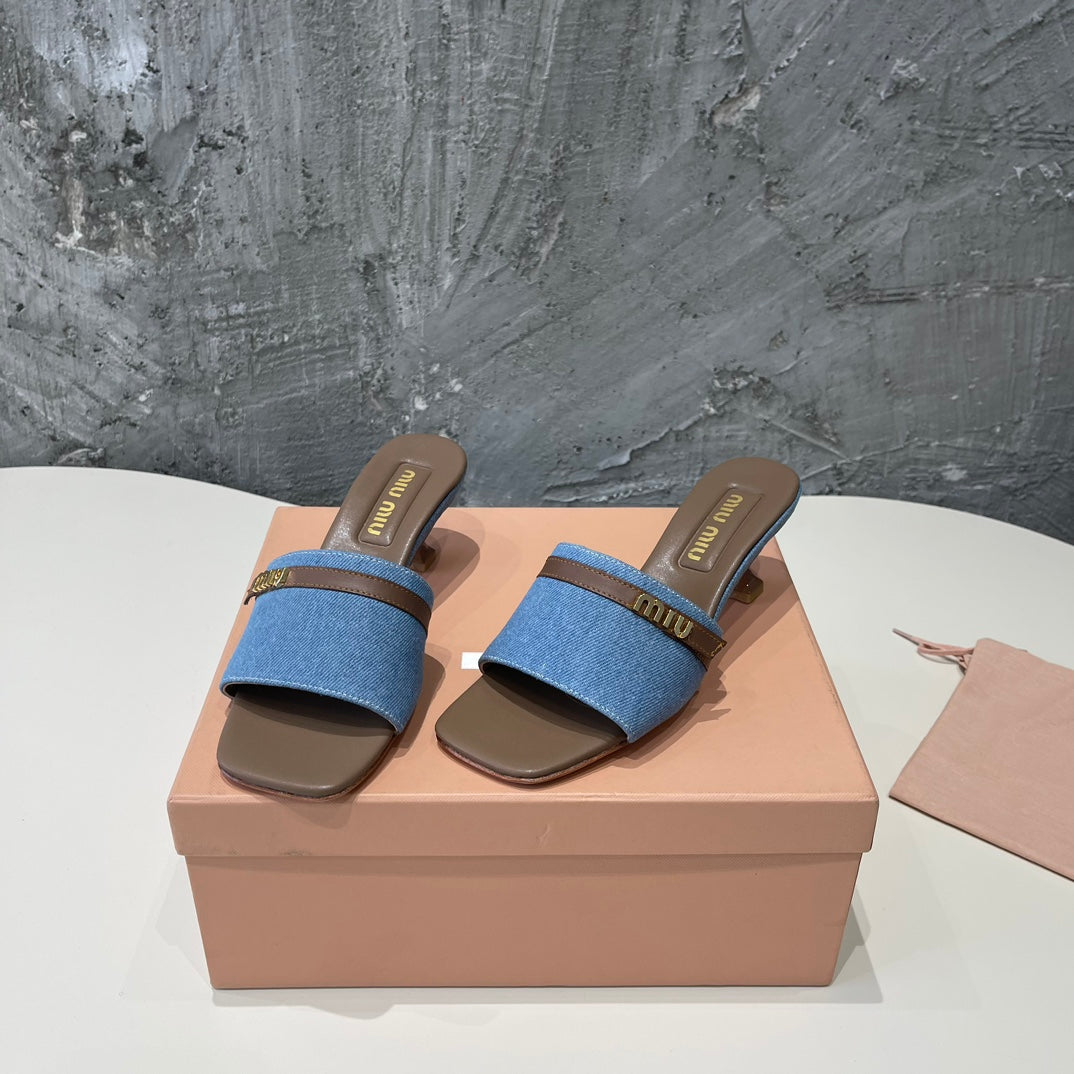 CARAMEL HIGH HEEL WITH BLUE STRAPS AND CARAMEL BELT - 35