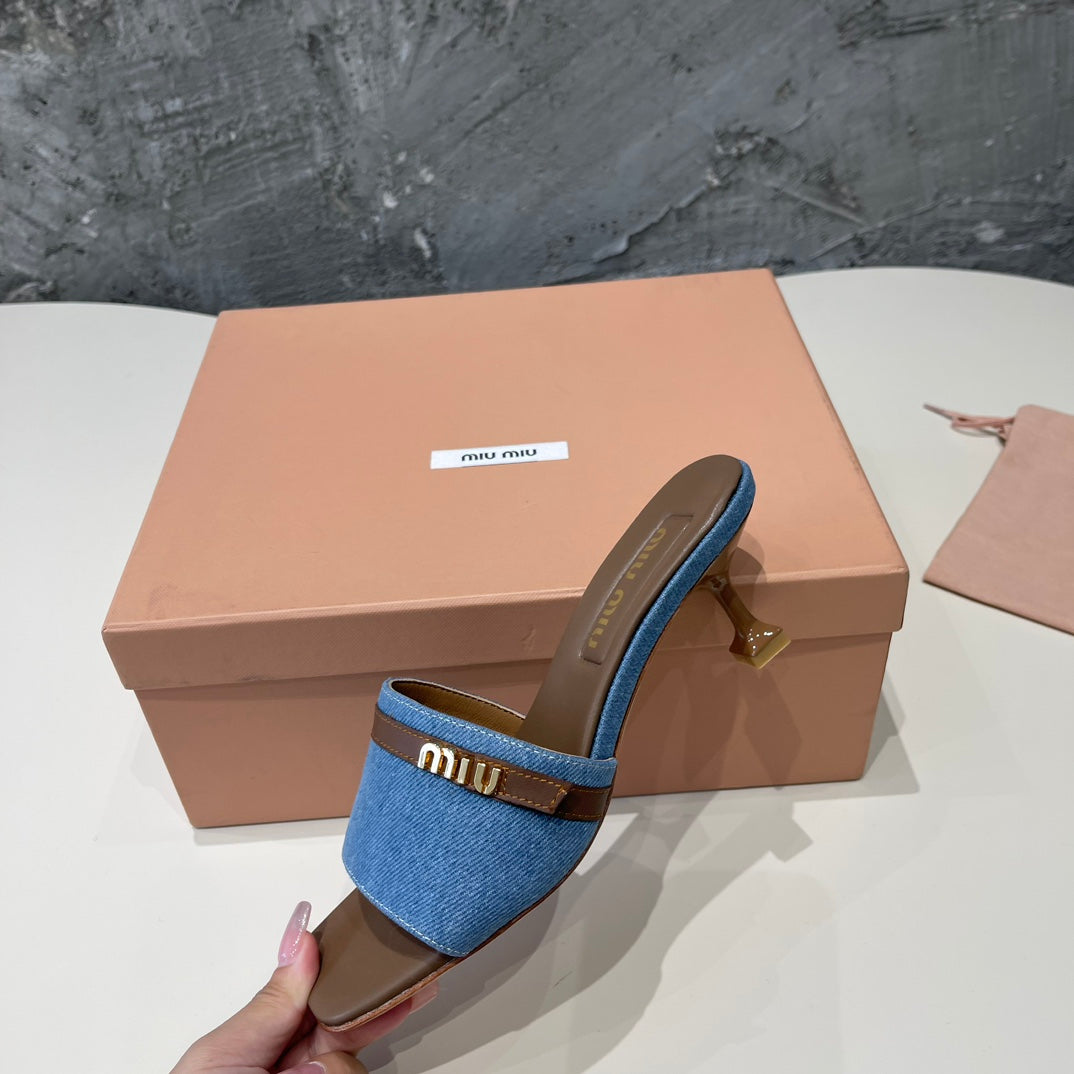 CARAMEL HIGH HEEL WITH BLUE STRAPS AND CARAMEL BELT - 35