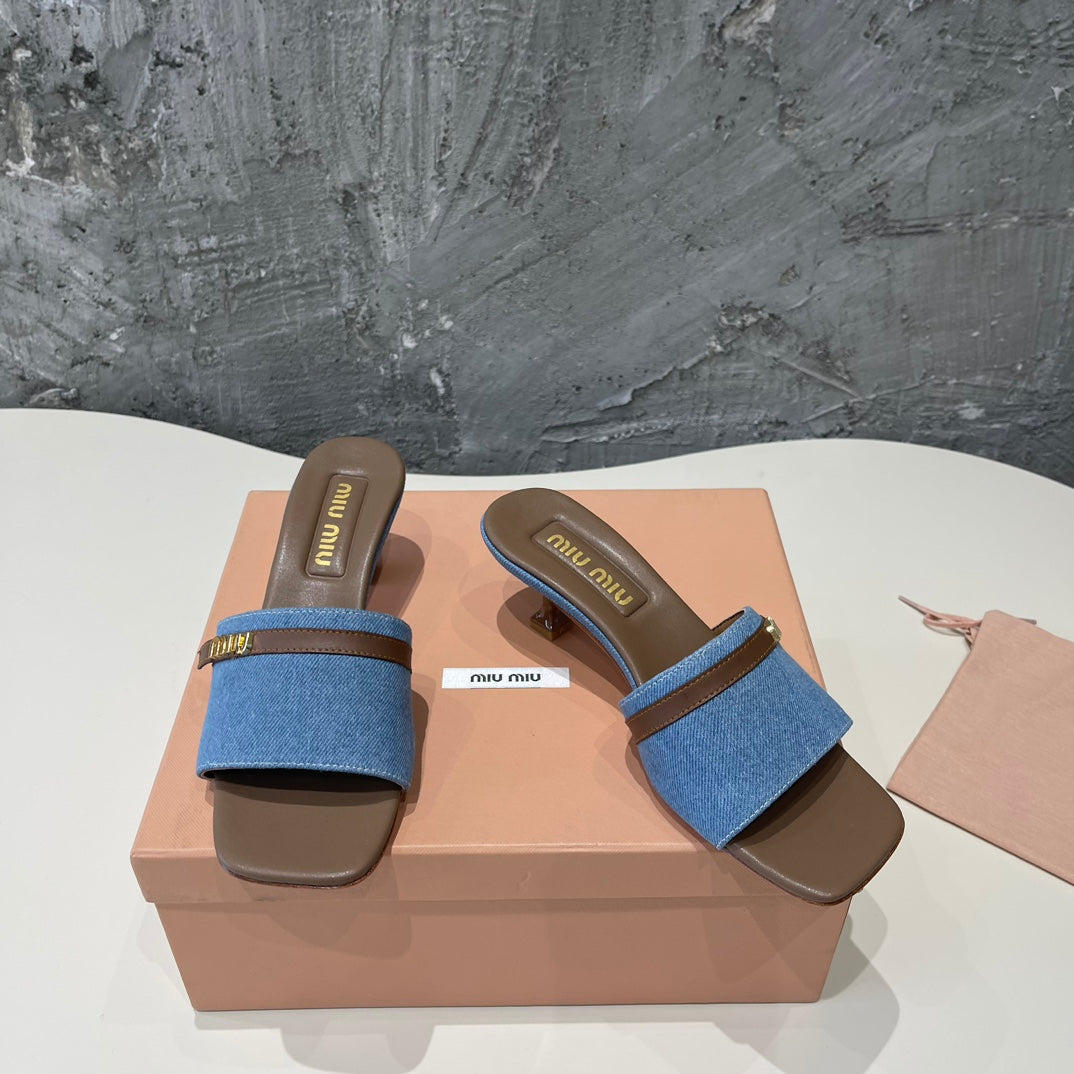 CARAMEL HIGH HEEL WITH BLUE STRAPS AND CARAMEL BELT - 35