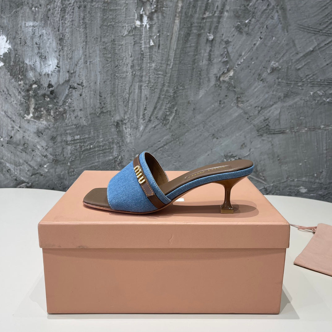 CARAMEL HIGH HEEL WITH BLUE STRAPS AND CARAMEL BELT - 35
