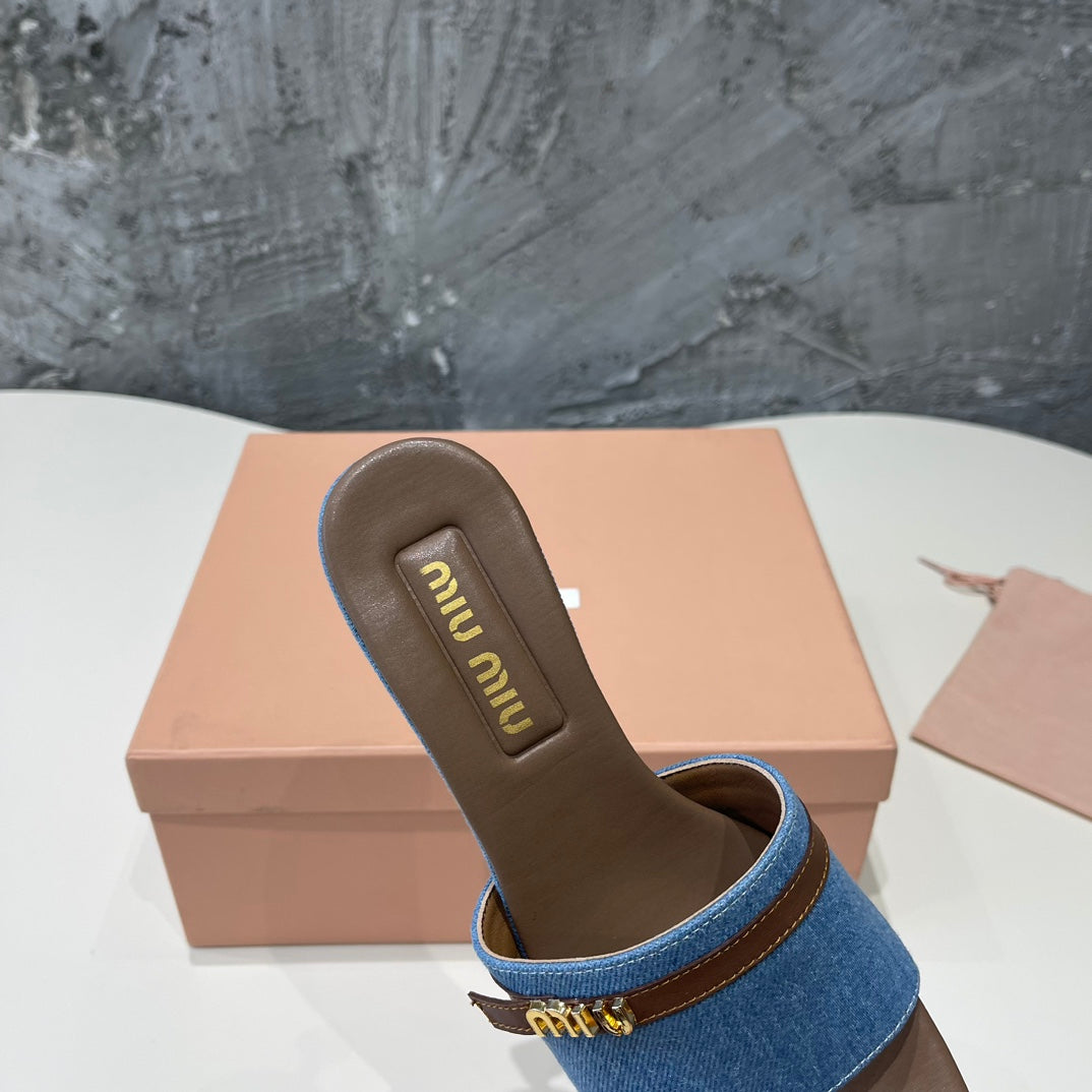 CARAMEL HIGH HEEL WITH BLUE STRAPS AND CARAMEL BELT - 35