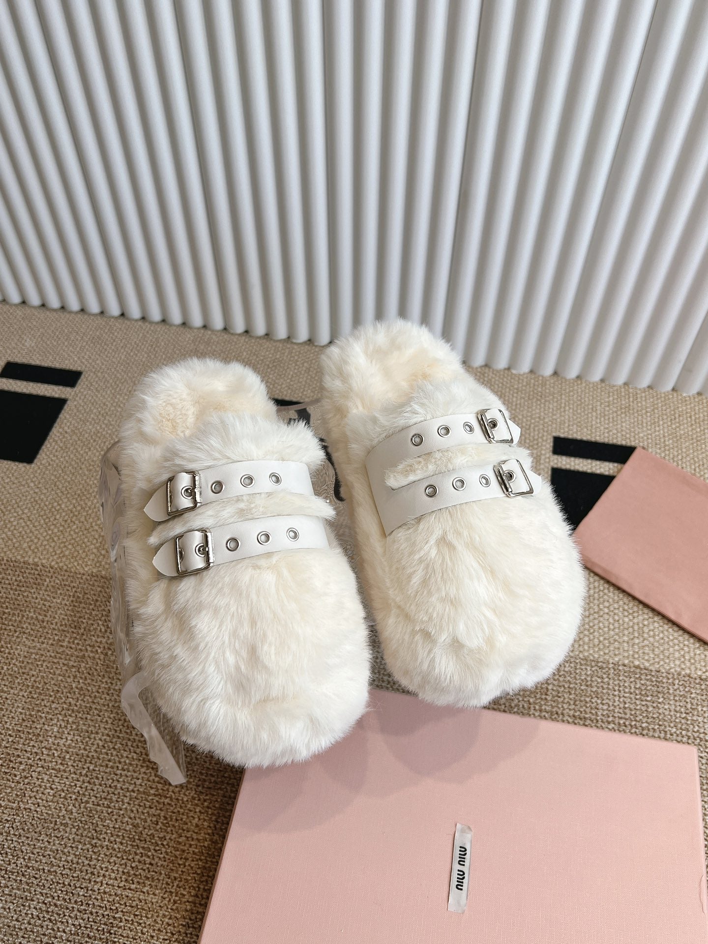 MULES IN WHITE RABBIT FUR SILVER HARDWARE - 35