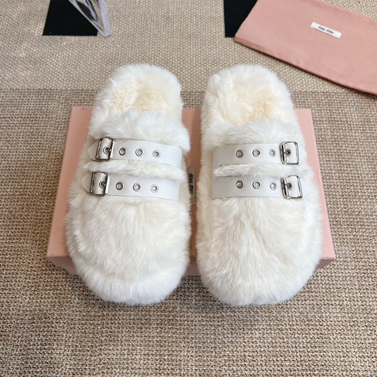 MULES IN WHITE RABBIT FUR SILVER HARDWARE - 35