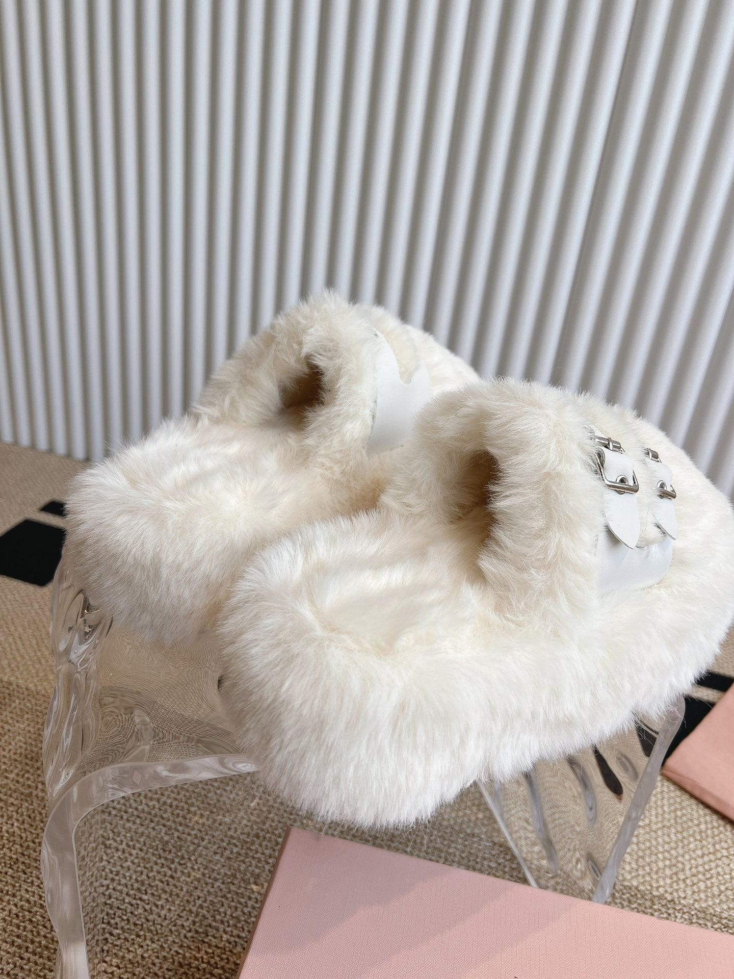 MULES IN WHITE RABBIT FUR SILVER HARDWARE - 35