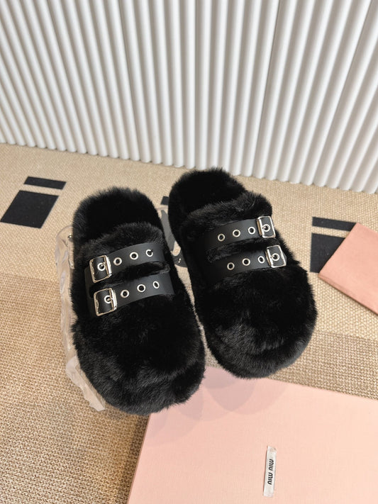 MULES IN BLACK RABBIT FUR SILVER HARDWARE - 35