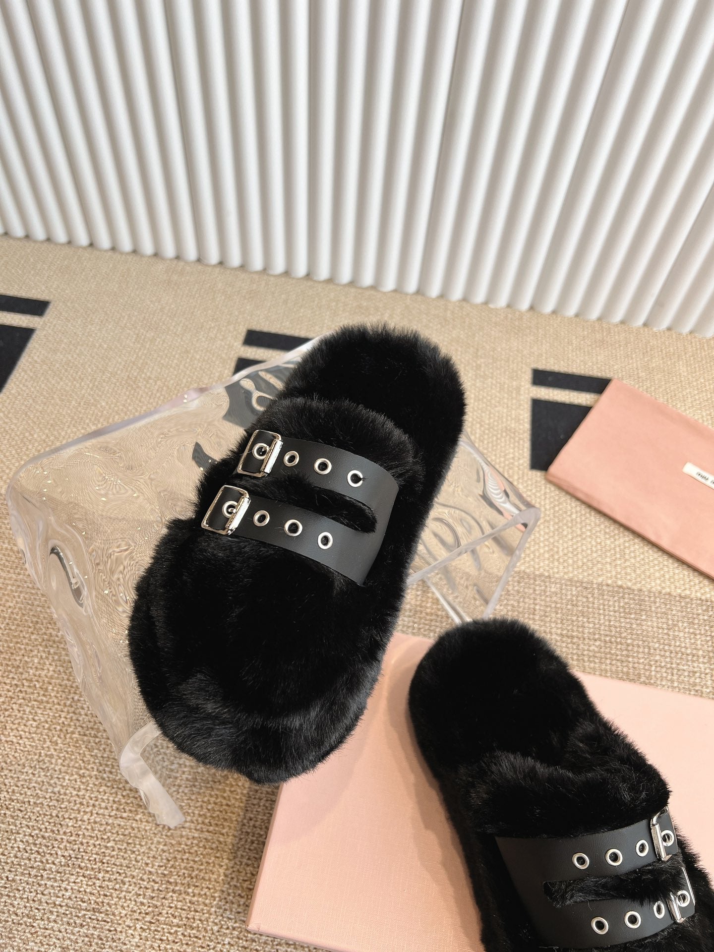 MULES IN BLACK RABBIT FUR SILVER HARDWARE - 35