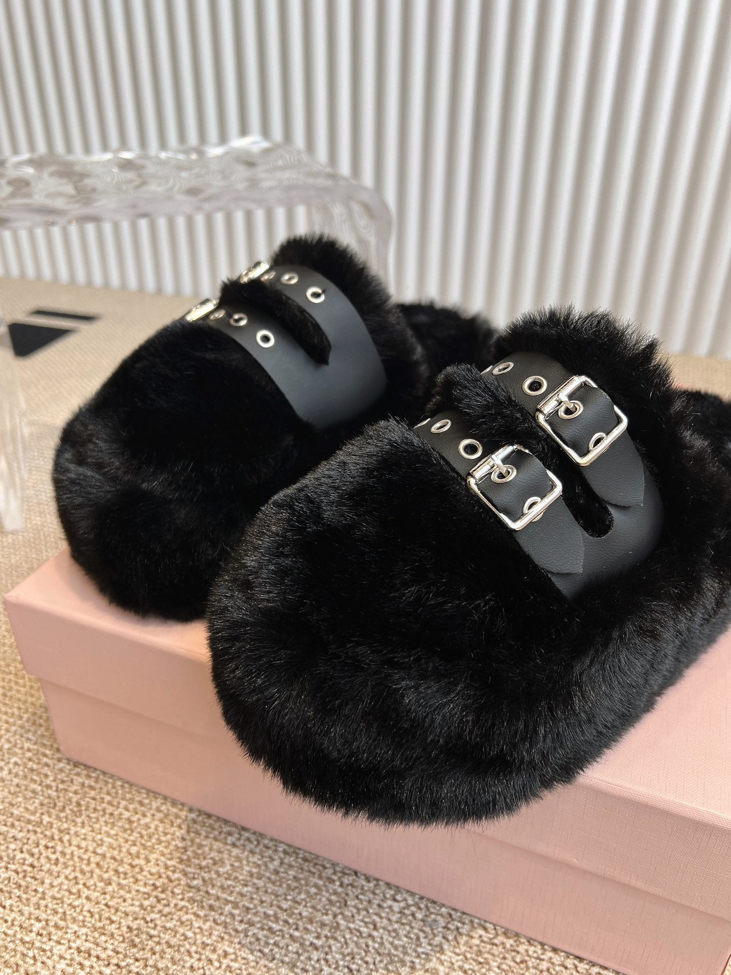 MULES IN BLACK RABBIT FUR SILVER HARDWARE - 35