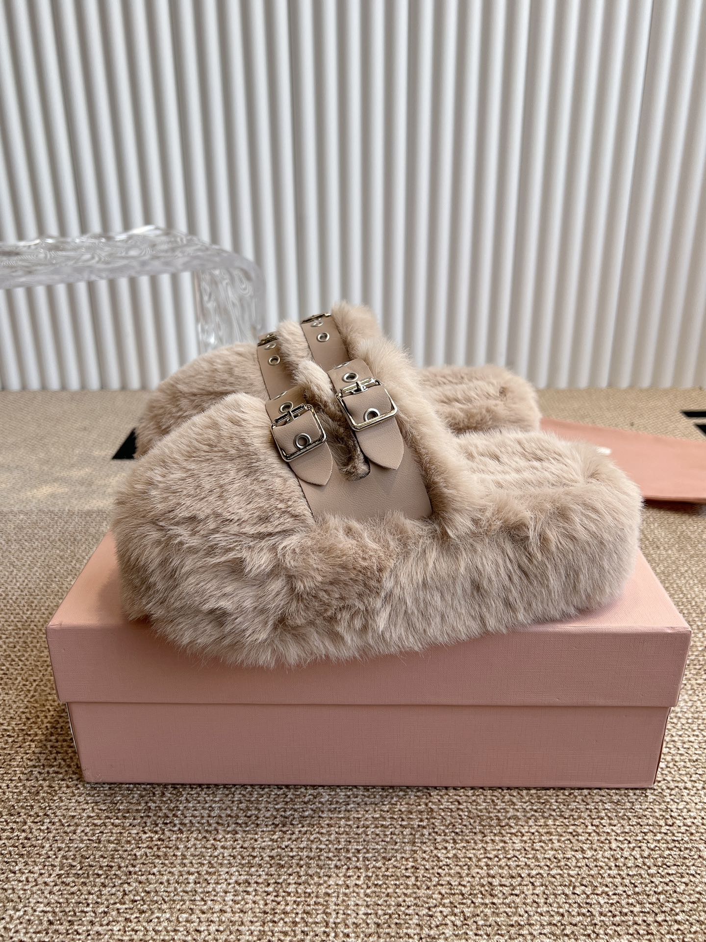 MULES IN BEIGE RABBIT FUR SILVER HARDWARE - 35