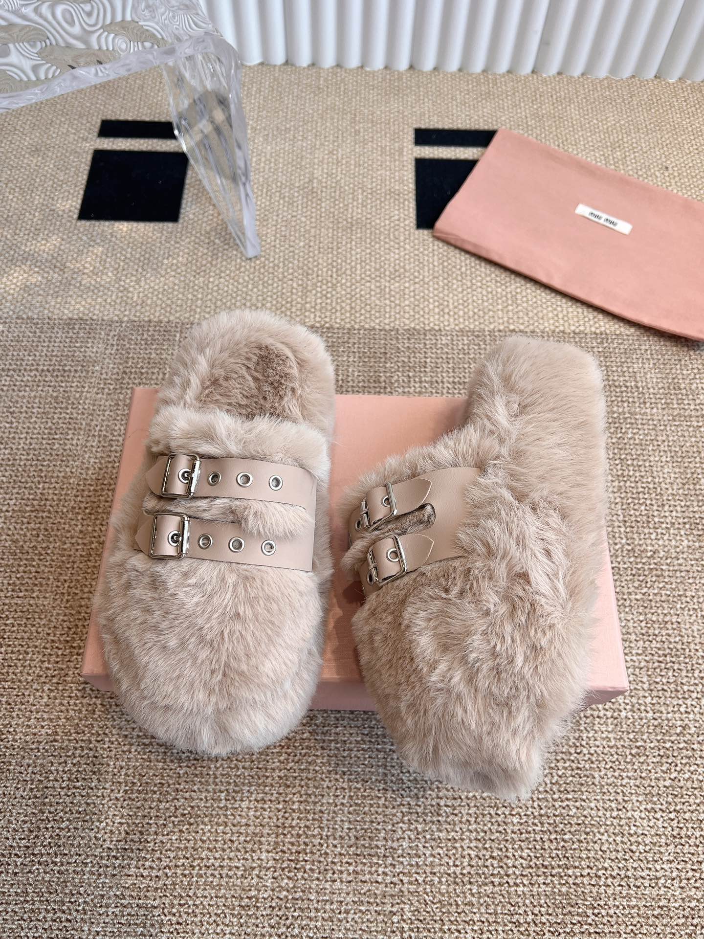 MULES IN BEIGE RABBIT FUR SILVER HARDWARE - 35