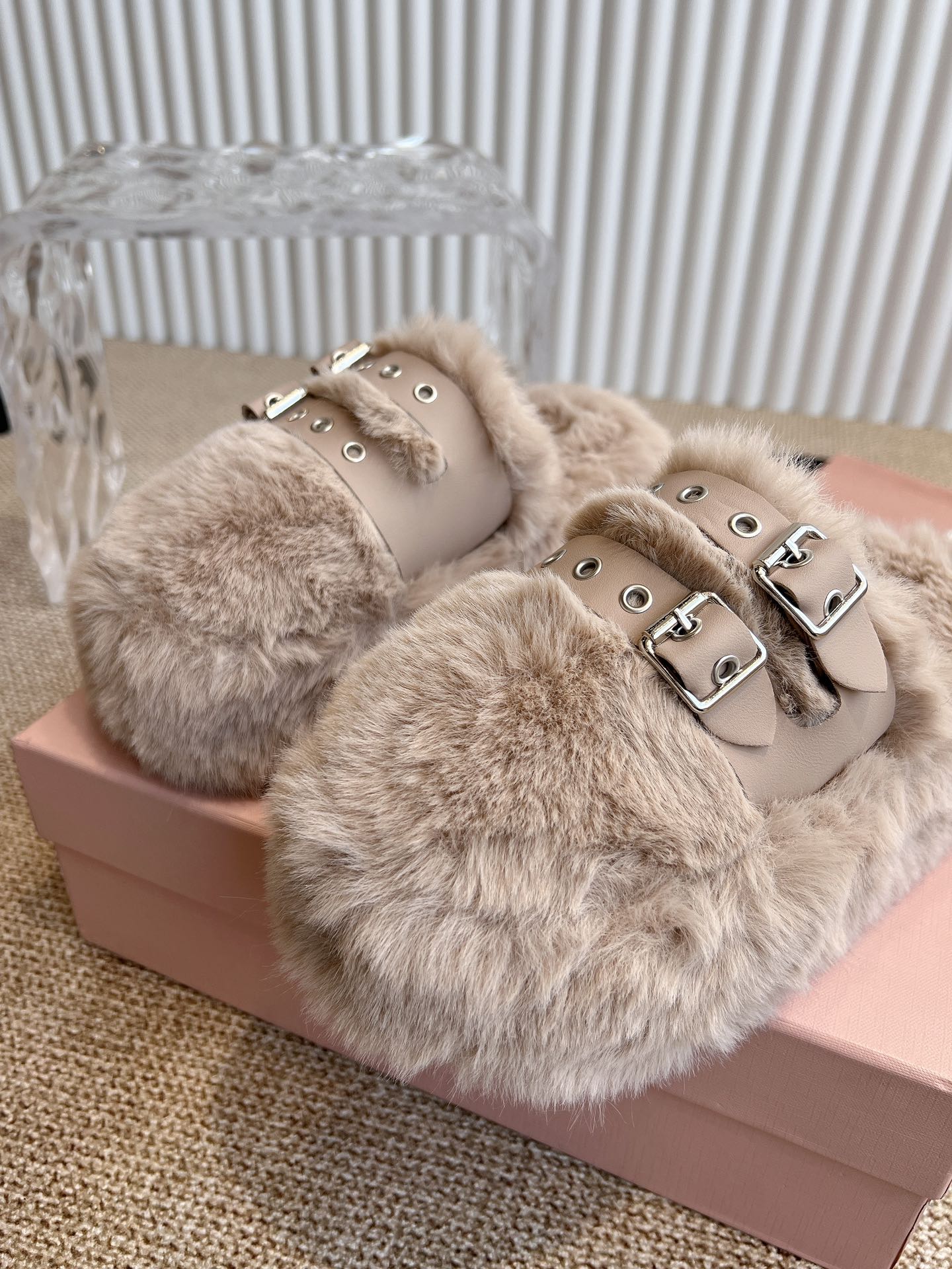 MULES IN BEIGE RABBIT FUR SILVER HARDWARE - 35