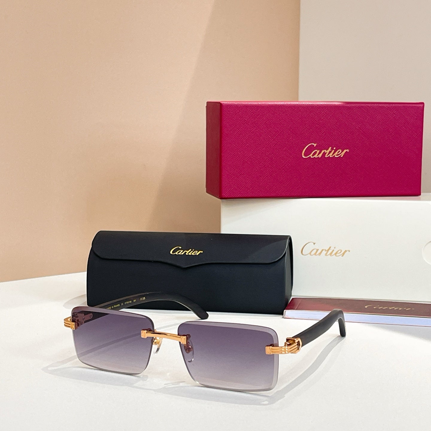 C DE RIMLESS RECTANGULAR FRAME SUNGLASSES CT0619S IN METAL AND WOODEN - Dark brown