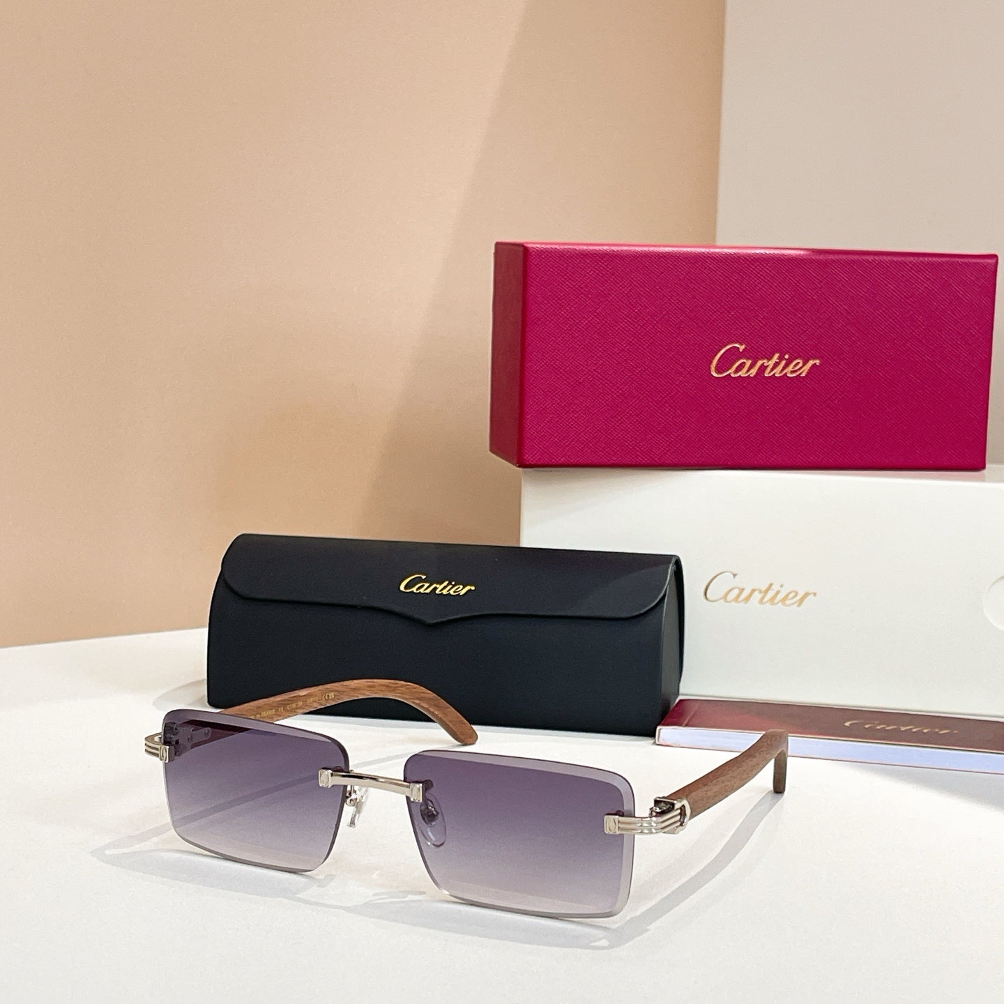 C DE RIMLESS RECTANGULAR FRAME SUNGLASSES CT0619S IN METAL AND WOODEN - Dark brown