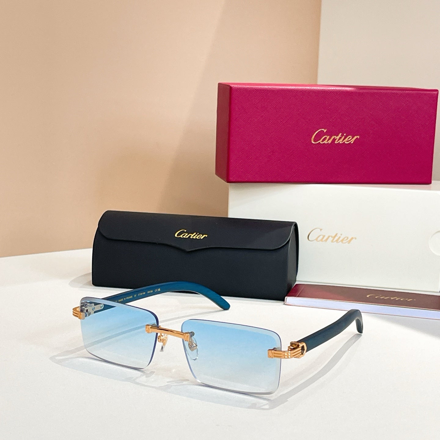 C DE RIMLESS RECTANGULAR FRAME SUNGLASSES CT0619S IN METAL AND WOODEN - Dark brown