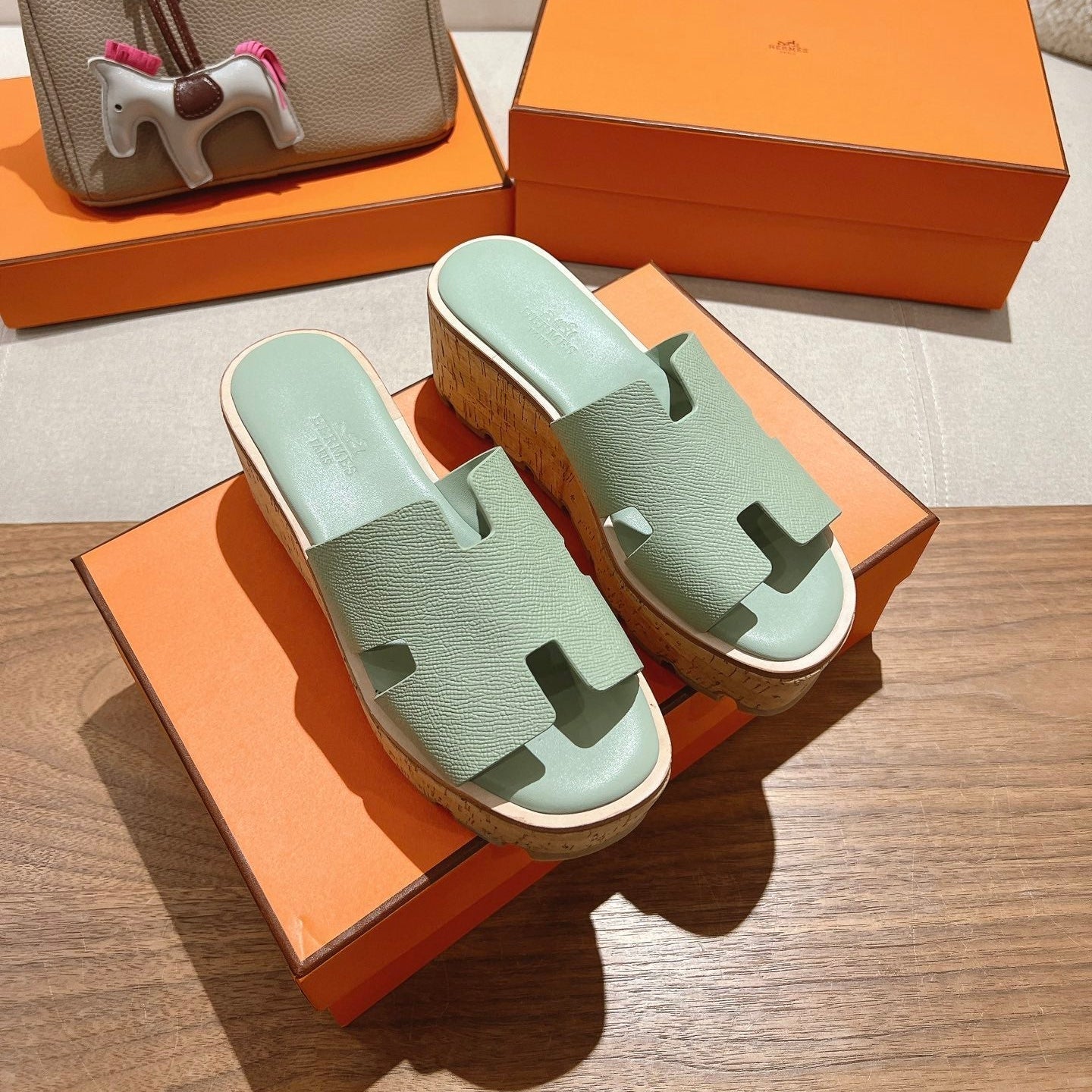 HM 25S HIGH WEDGE SANDALS IN SOFT MINT GREEN LAMBSKIN STYLE 28 - 35