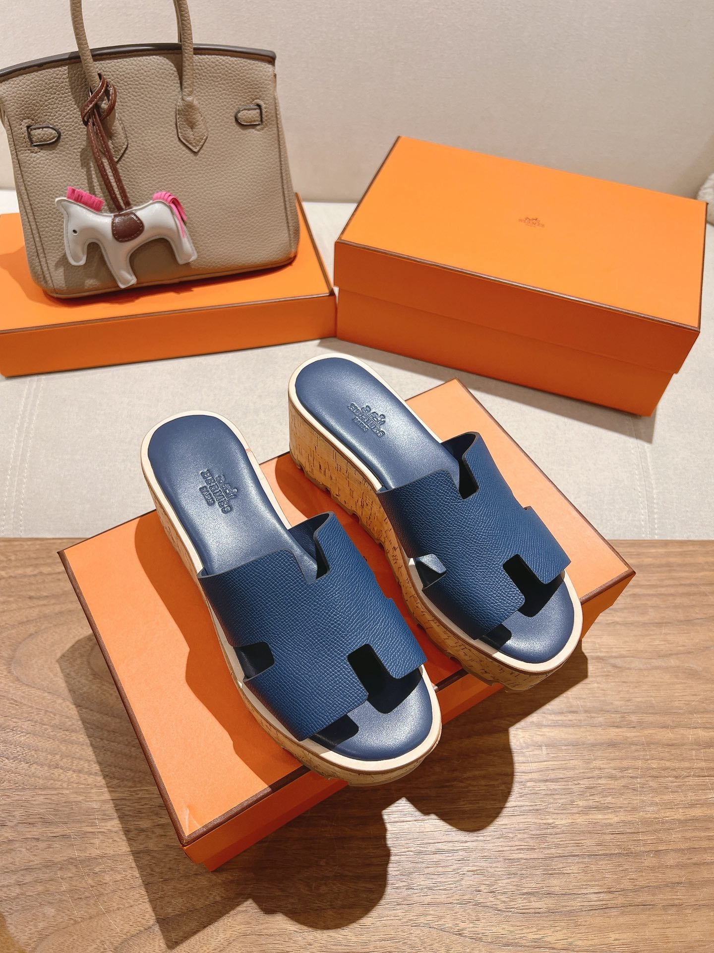 HM 25S HIGH WEDGE SANDALS IN DARK STEEL BLUE LAMBSKIN STYLE 18 - 35