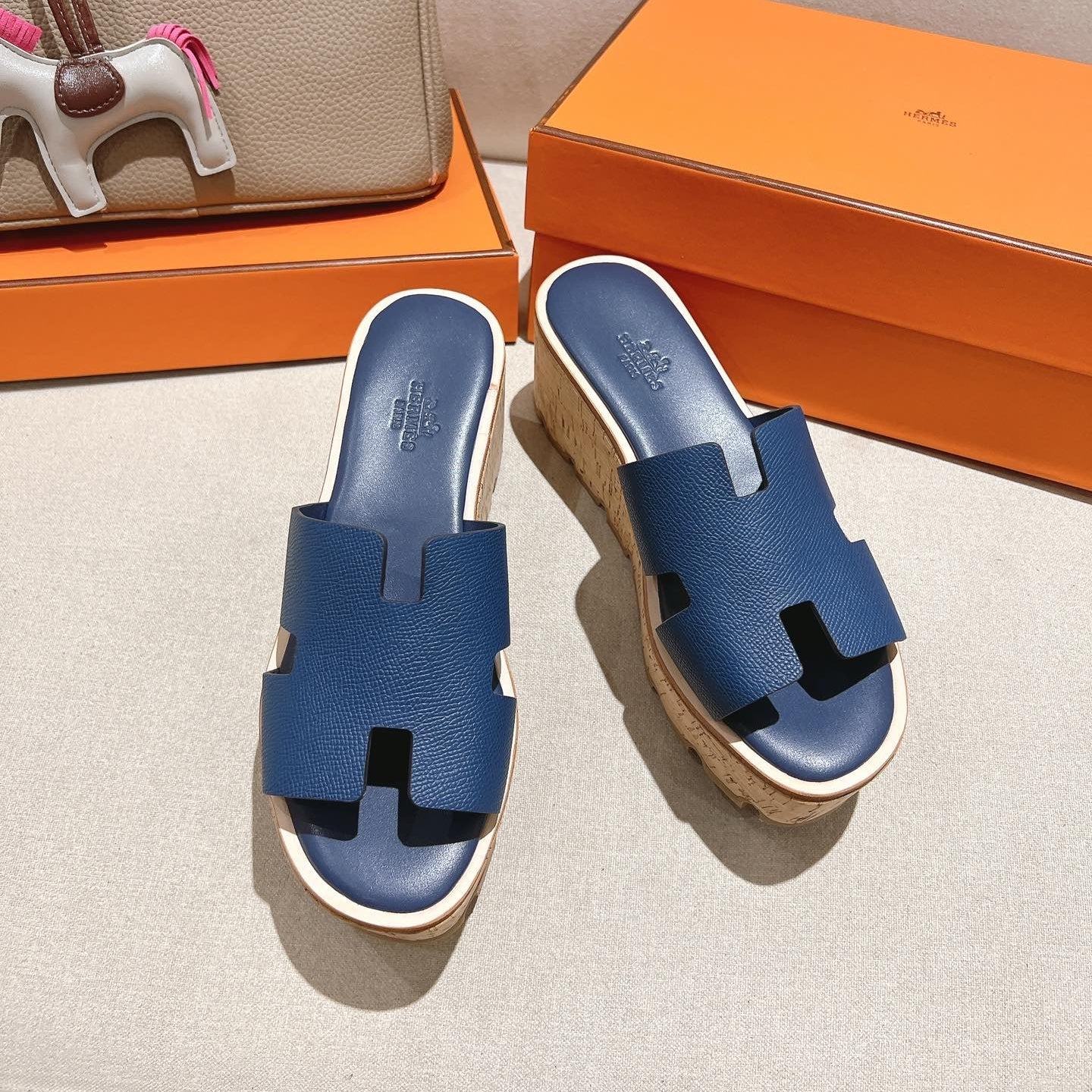 HM 25S HIGH WEDGE SANDALS IN DARK STEEL BLUE LAMBSKIN STYLE 18 - 35