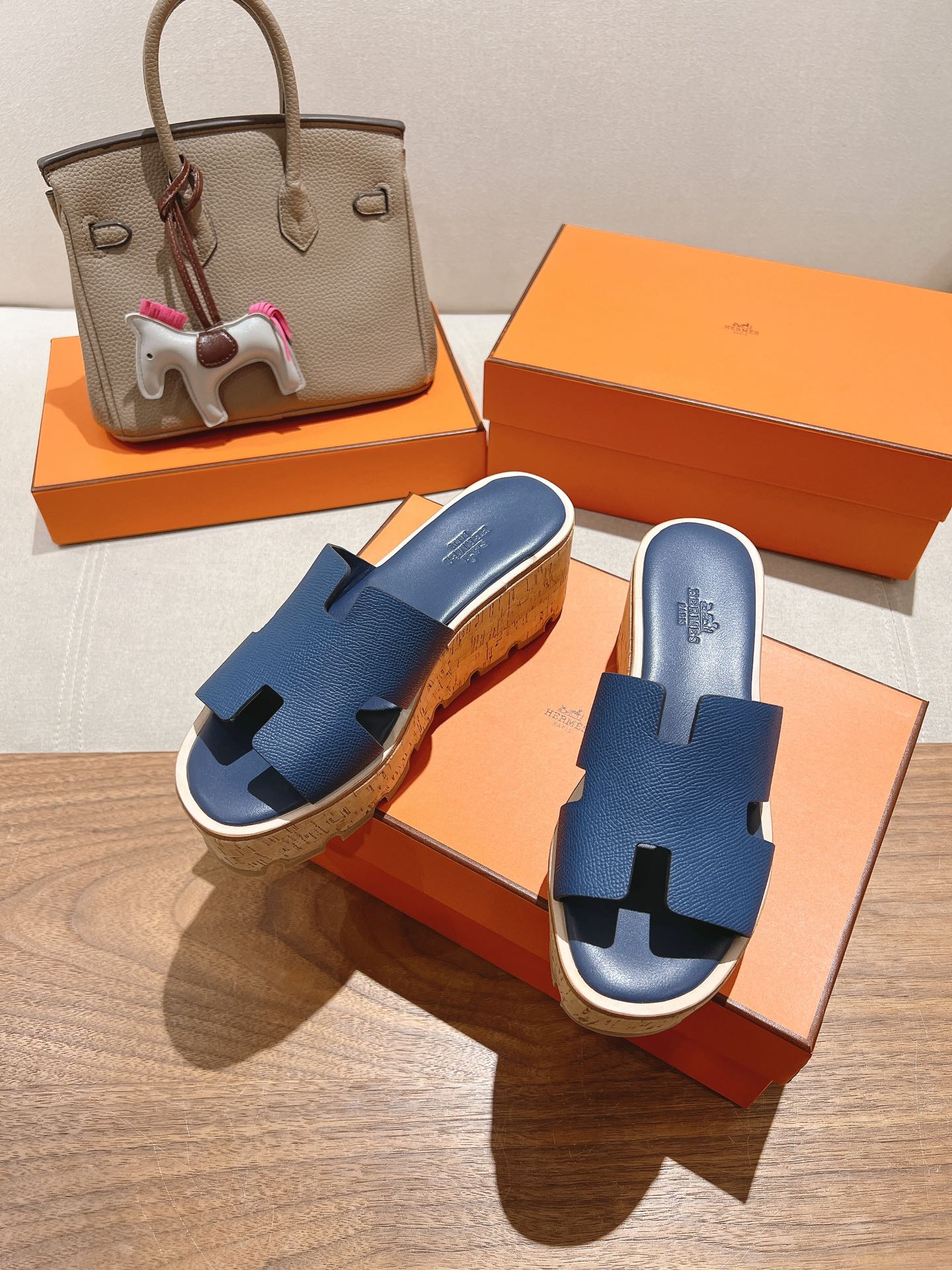 HM 25S HIGH WEDGE SANDALS IN DARK STEEL BLUE LAMBSKIN STYLE 18 - 35