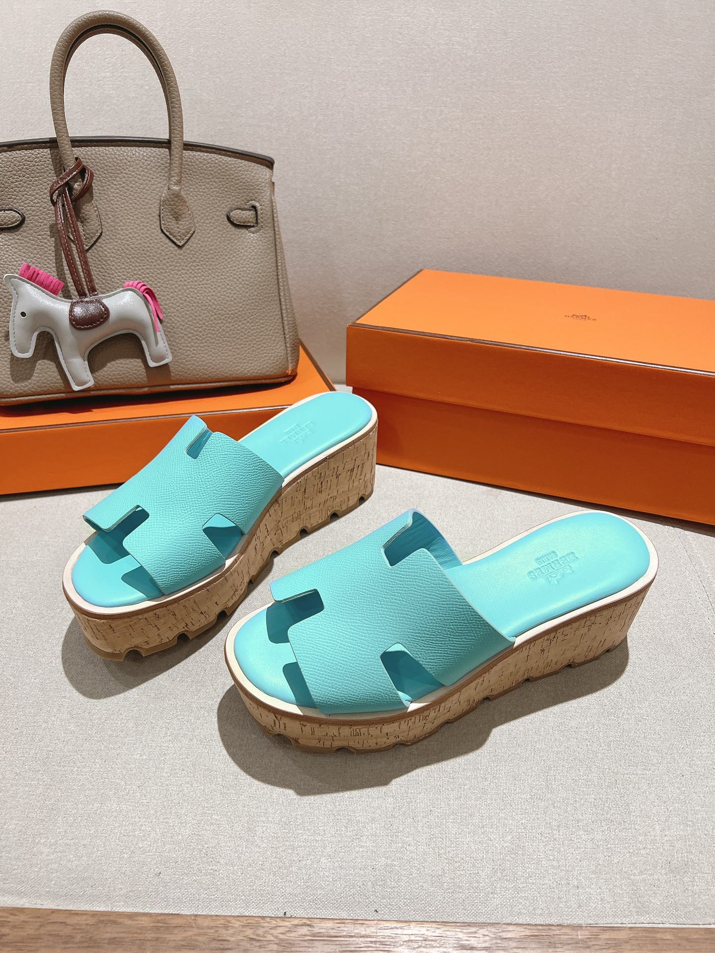 HM 25S HIGH WEDGE SANDALS IN LIGHT MINT BLUE LAMBSKIN STYLE 5 - 35