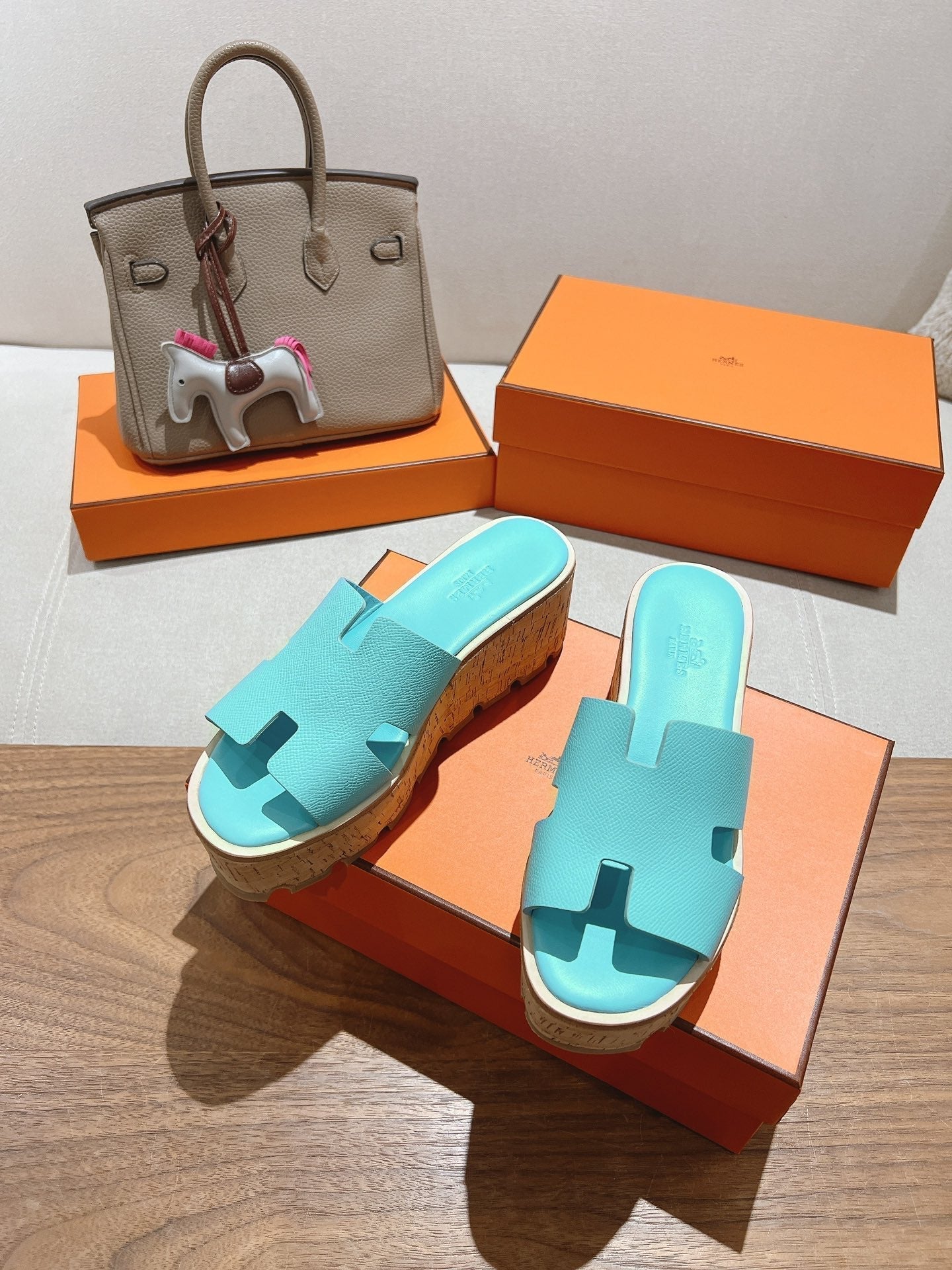 HM 25S HIGH WEDGE SANDALS IN LIGHT MINT BLUE LAMBSKIN STYLE 5 - 35