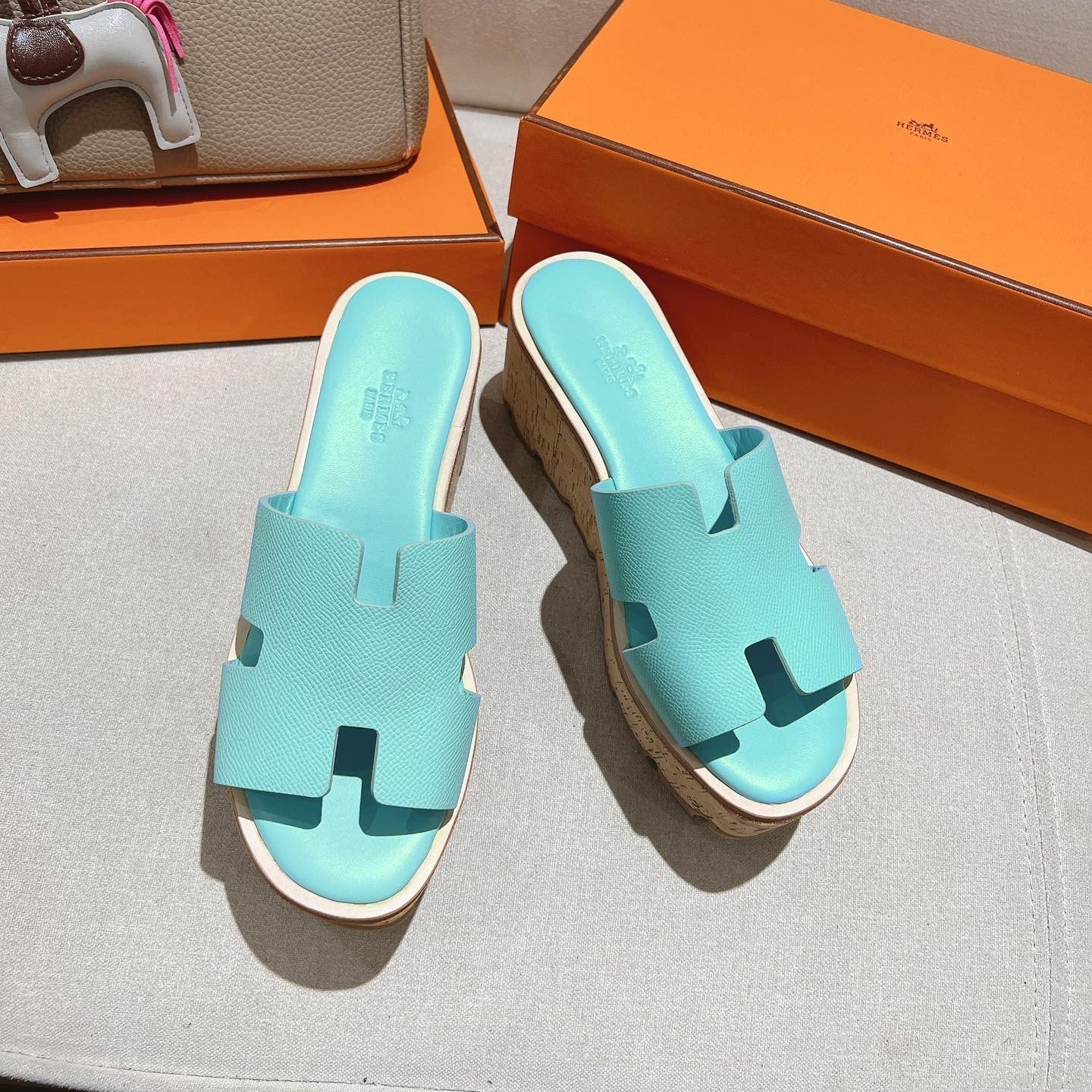 HM 25S HIGH WEDGE SANDALS IN LIGHT MINT BLUE LAMBSKIN STYLE 5 - 35