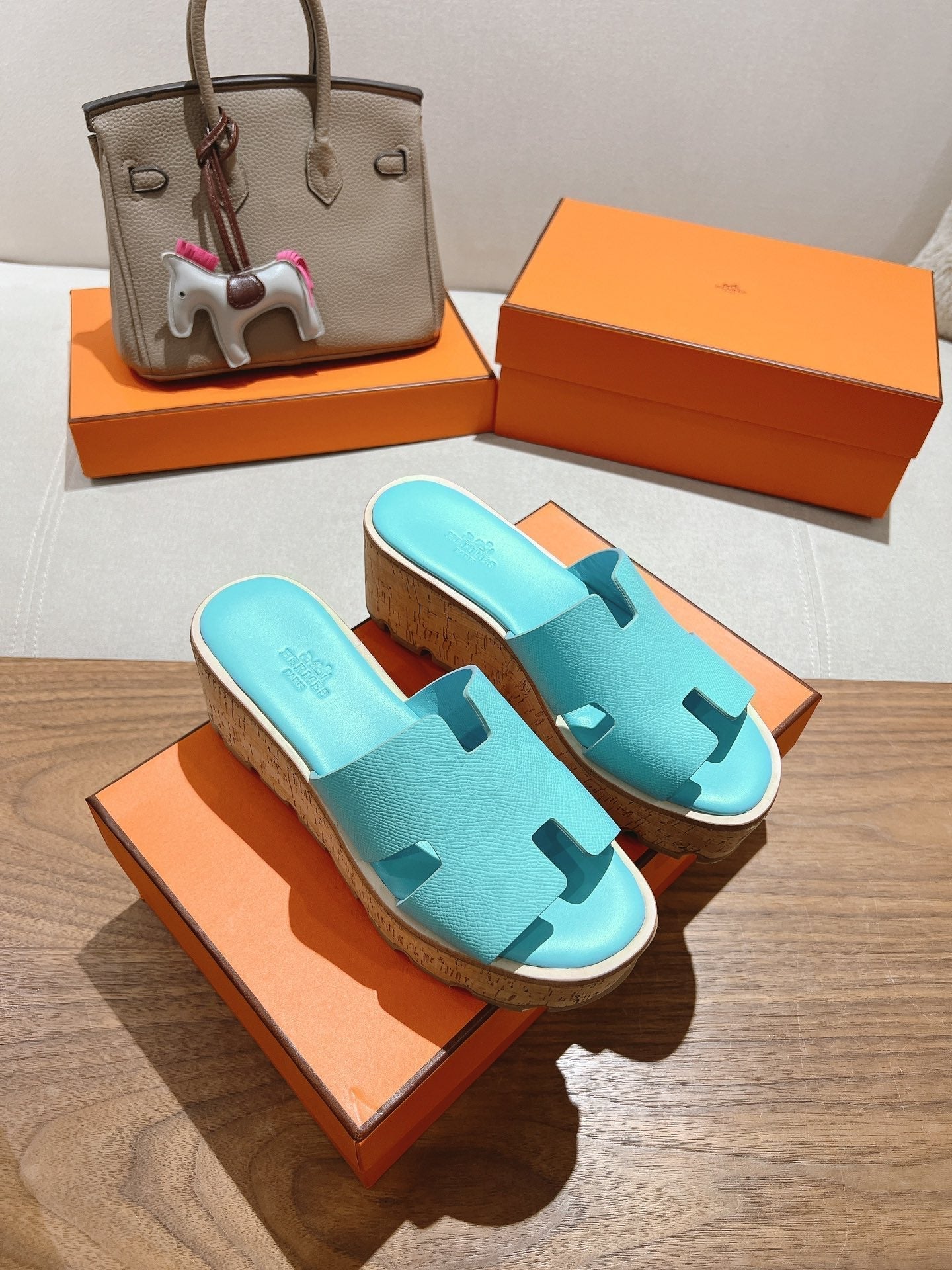 HM 25S HIGH WEDGE SANDALS IN LIGHT MINT BLUE LAMBSKIN STYLE 5 - 35