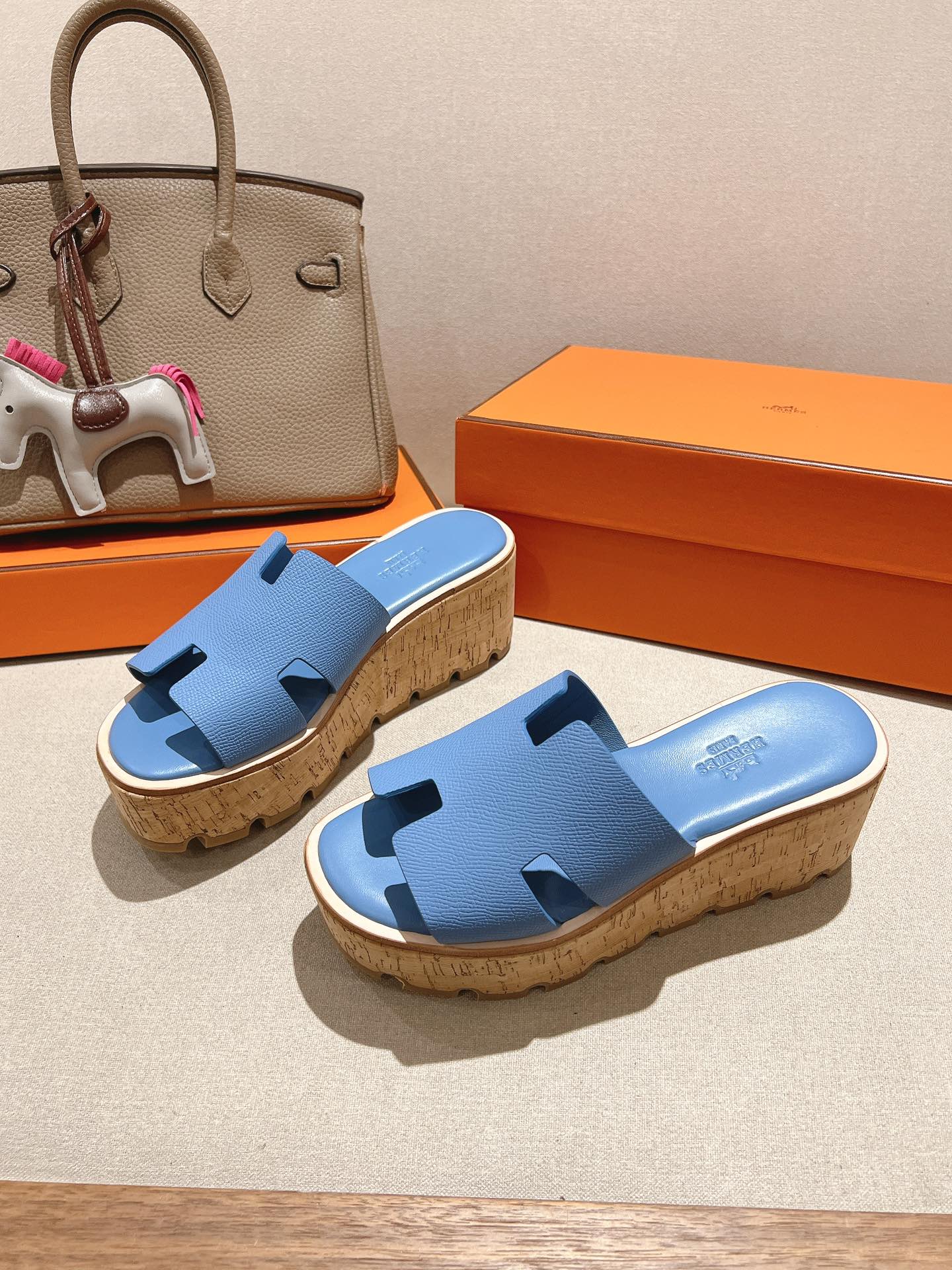 HM 25S HIGH WEDGE SANDALS IN BLUE LAMBSKIN STYLE 3 - 35