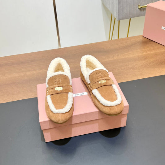 LOAFERS IN CIDER BROWN SUEDE AND WHITE SHEARLING TRIM - 35