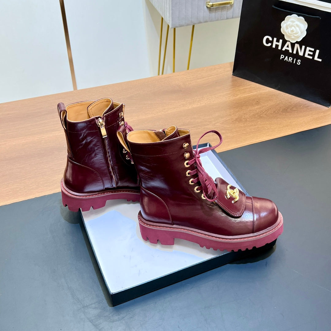 CHANEL 25S HIGH ANKLE BOOTS WITH ZIPPER IN BURGUNDY BROWN CALFSKIN GOLD HARDWRE - 35