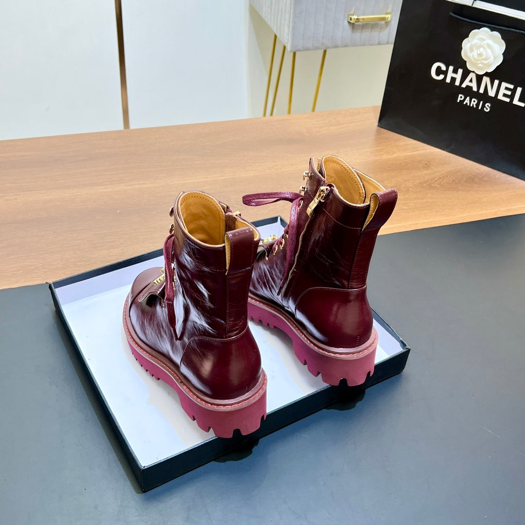 CHANEL 25S HIGH ANKLE BOOTS WITH ZIPPER IN BURGUNDY BROWN CALFSKIN GOLD HARDWRE - 35