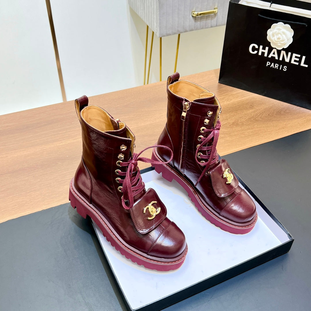 CHANEL 25S HIGH ANKLE BOOTS WITH ZIPPER IN BURGUNDY BROWN CALFSKIN GOLD HARDWRE - 35