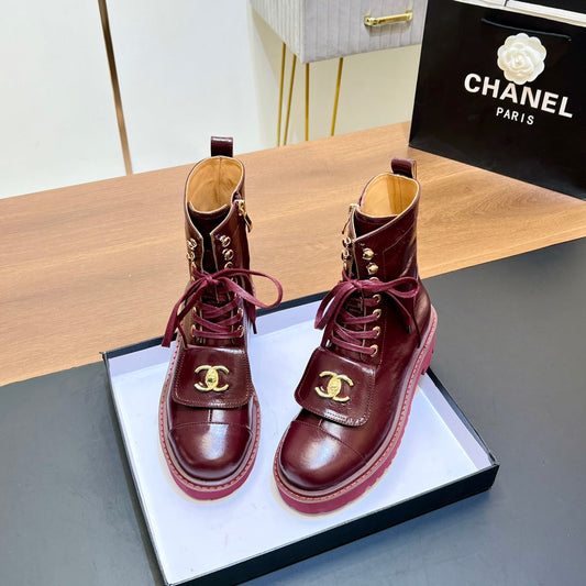 CHANEL 25S HIGH ANKLE BOOTS WITH ZIPPER IN BURGUNDY BROWN CALFSKIN GOLD HARDWRE - 35