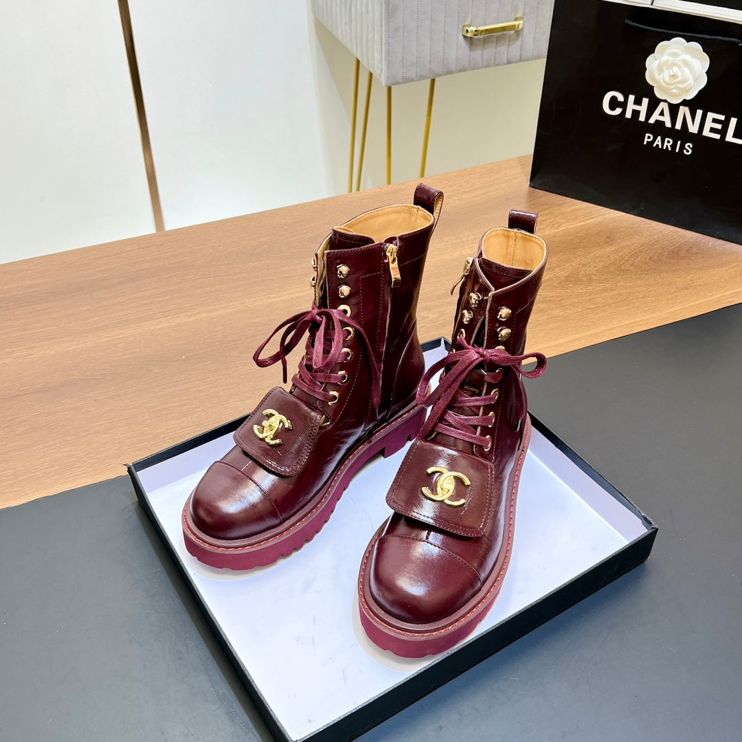 CHANEL 25S HIGH ANKLE BOOTS WITH ZIPPER IN BURGUNDY BROWN CALFSKIN GOLD HARDWRE - 35