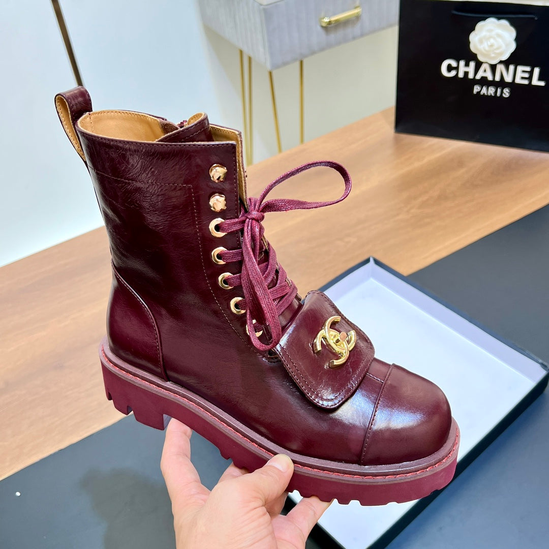 CHANEL 25S HIGH ANKLE BOOTS WITH ZIPPER IN BURGUNDY BROWN CALFSKIN GOLD HARDWRE - 35