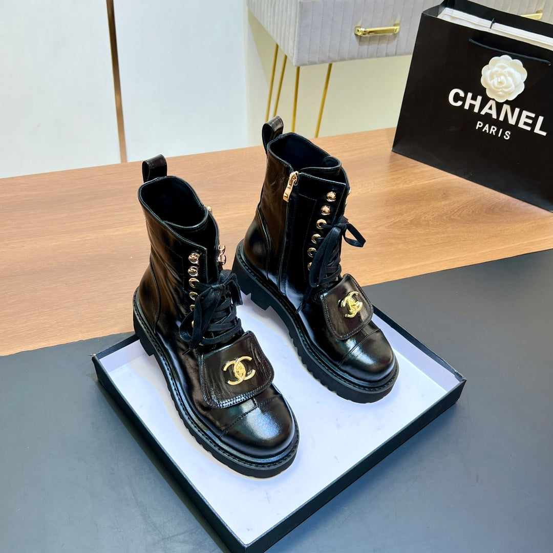 CHANEL 25S HIGH ANKLE BOOTS WITH ZIPPER IN BLACK FULL CALFSKIN GOLD HARDWRE - 35