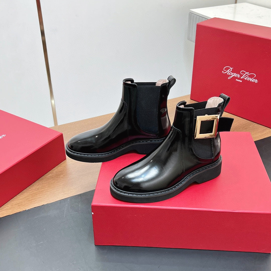 RANGERS CHELSEA BOOTS IN BLACK SHINY CALFSKIN GOLD BUCKLE - 35