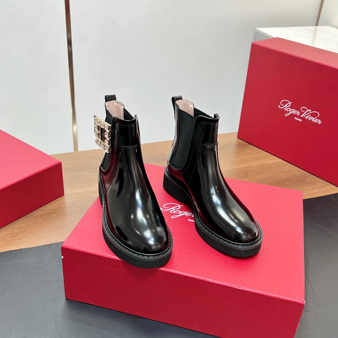 RANGERS CHELSEA BOOTS IN BLACK SHINY CALFSKIN CRYSTAL BUCKLE - 35