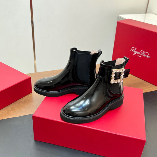 RANGERS CHELSEA BOOTS IN BLACK SHINY CALFSKIN CRYSTAL BUCKLE - 35