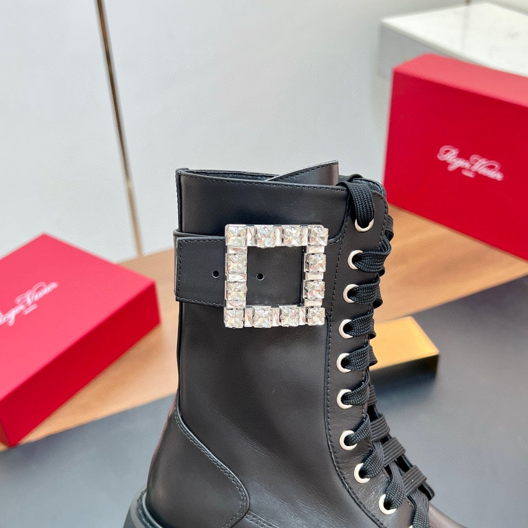 VIV' RANGERS STRASS BUCKLE BOOTS IN BLACK CALFSKIN EMBELLISHED BUCKLE - 35