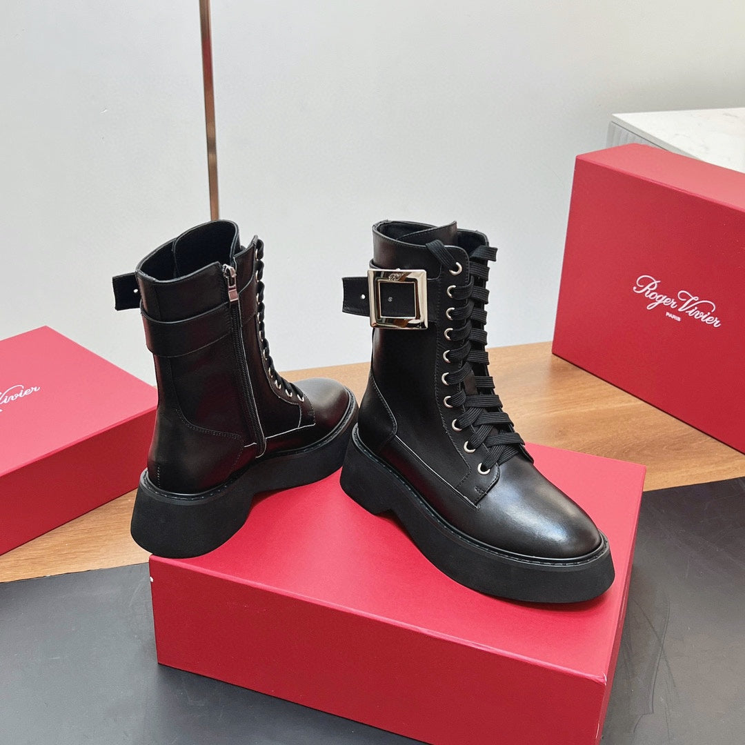 VIV' RANGERS STRASS BUCKLE BOOTS IN BLACK CALFSKIN - 35