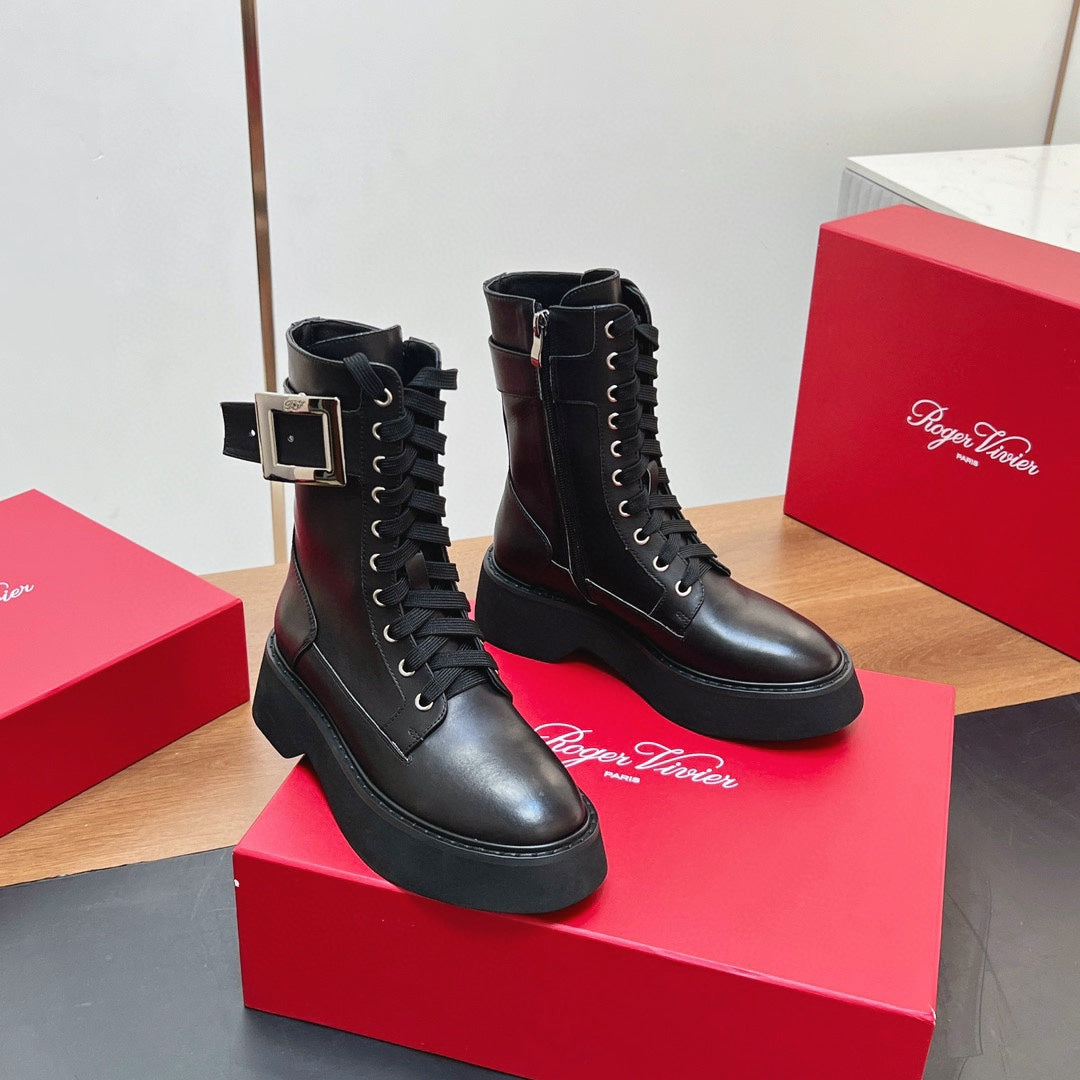 VIV' RANGERS STRASS BUCKLE BOOTS IN BLACK CALFSKIN - 35