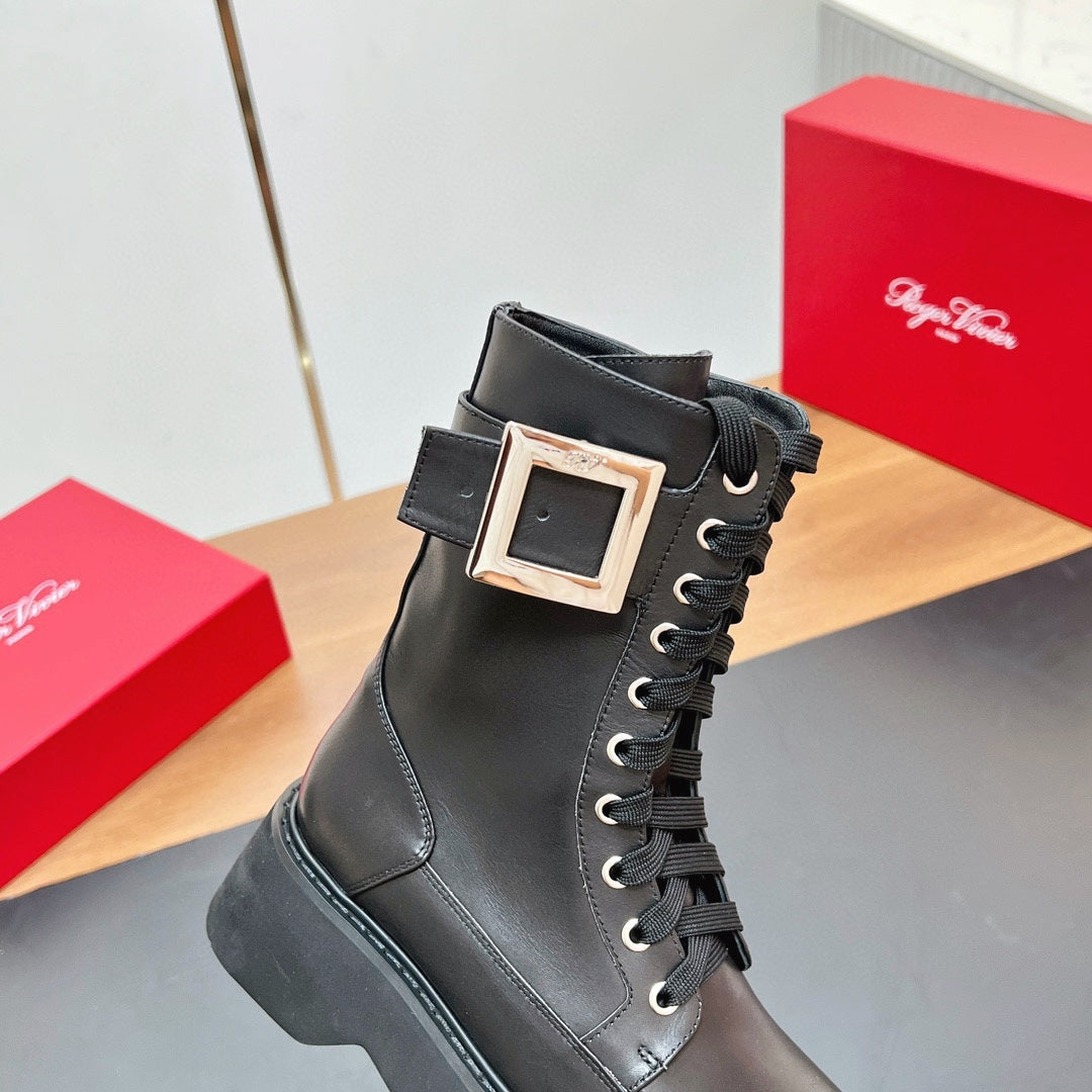 VIV' RANGERS STRASS BUCKLE BOOTS IN BLACK CALFSKIN - 35